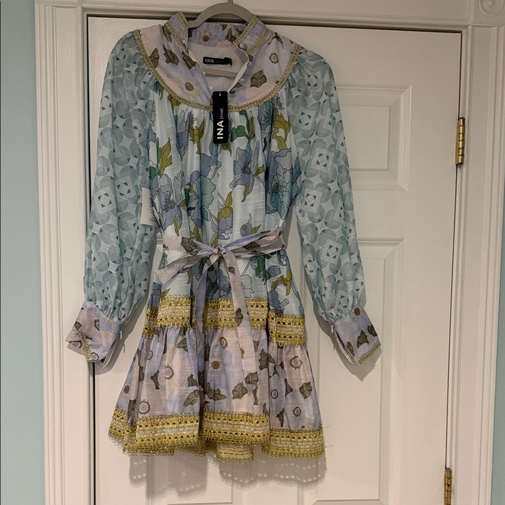 Ina Floral Long Sleeve Dress - Blue and gold